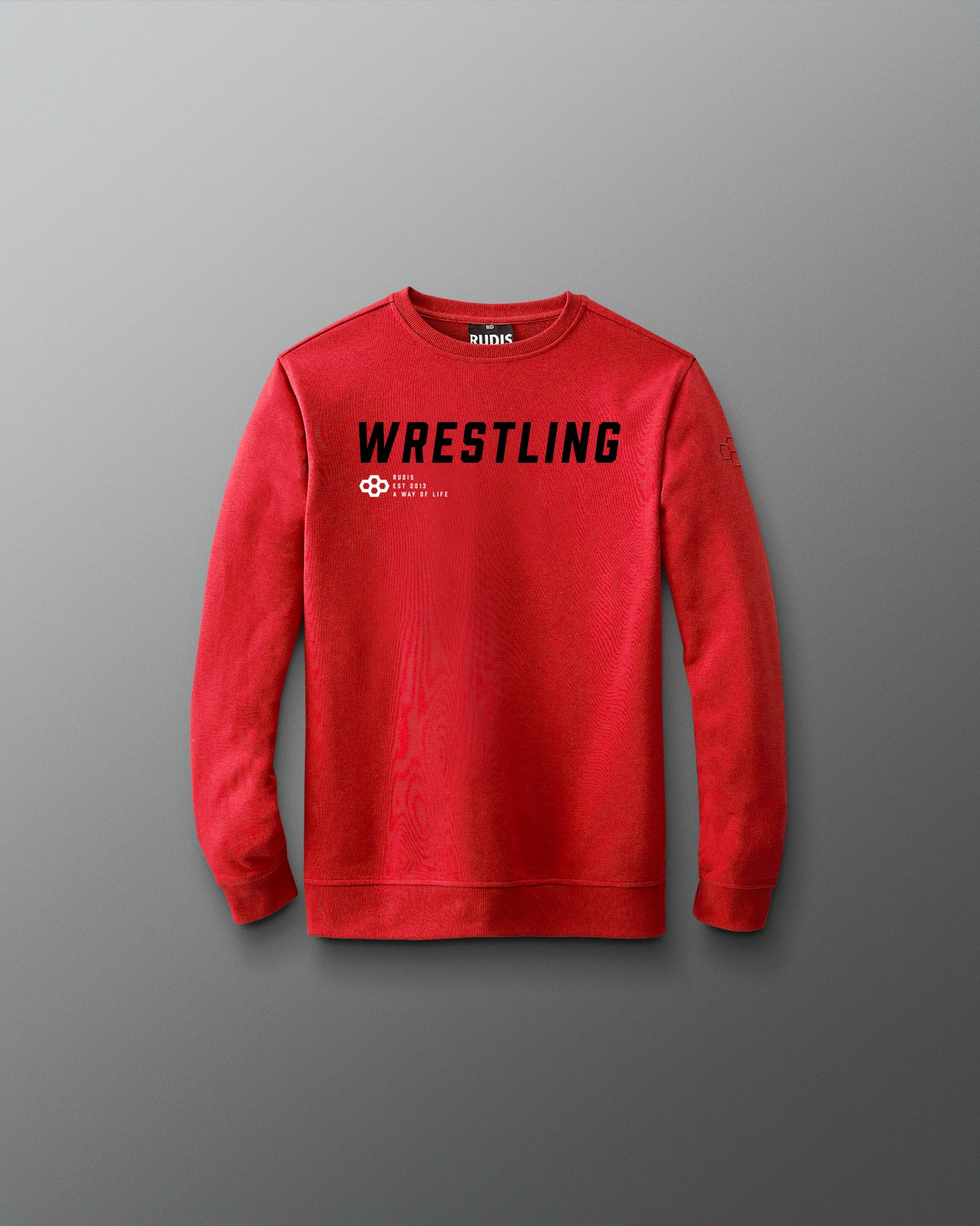 Red sweatshirt with 'WRESTLING' printed on it against a gray background