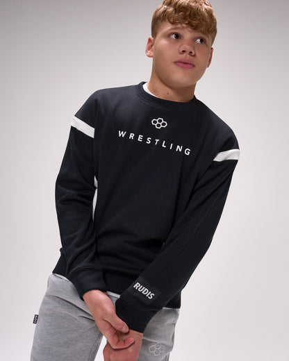 Person wearing a black 'Wrestling' sweatshirt with white accents on a gray background