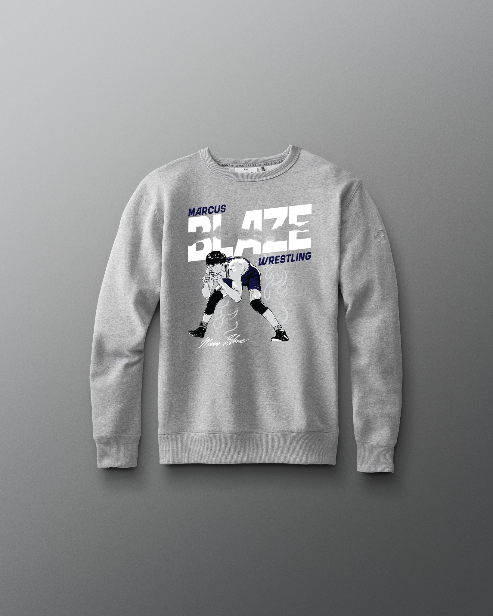 Gray sweatshirt with wrestling graphic and text on a gray background