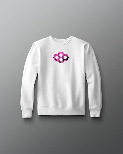 White sweatshirt with a geometric pink and purple design on a gray background
