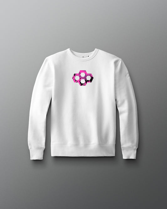 White sweatshirt with a geometric pink and purple design on a gray background