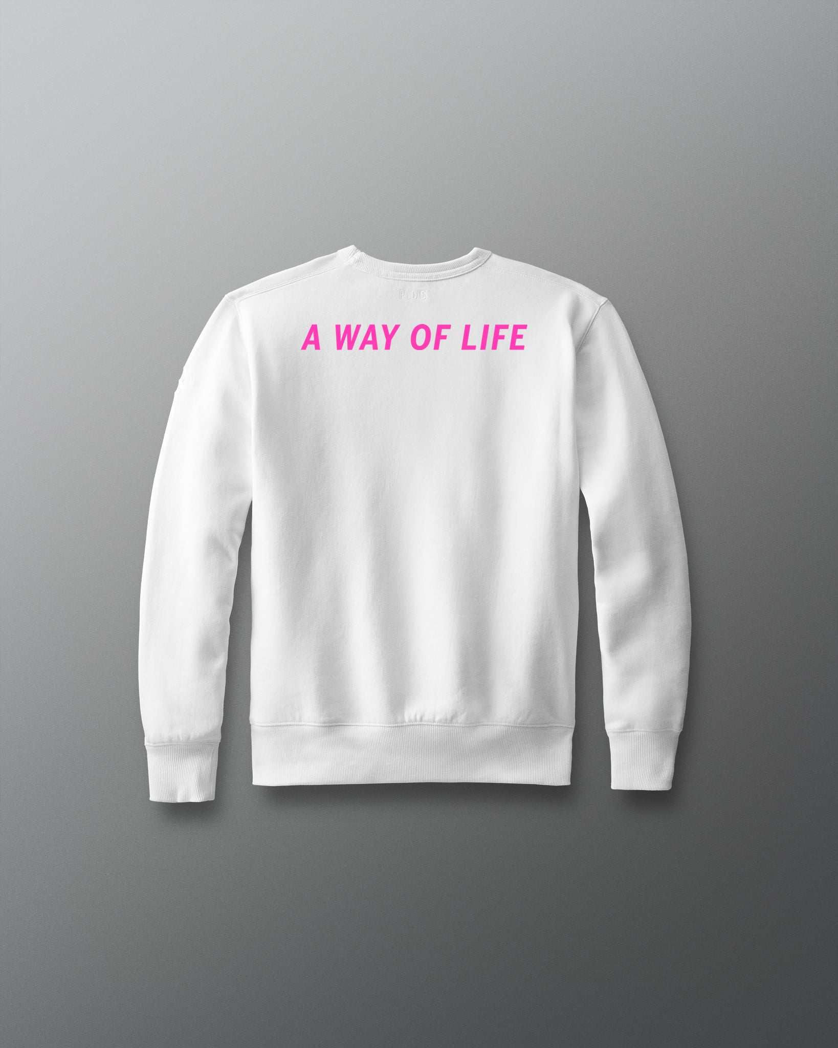 White sweatshirt with pink text 'A WAY OF LIFE' on a gray background