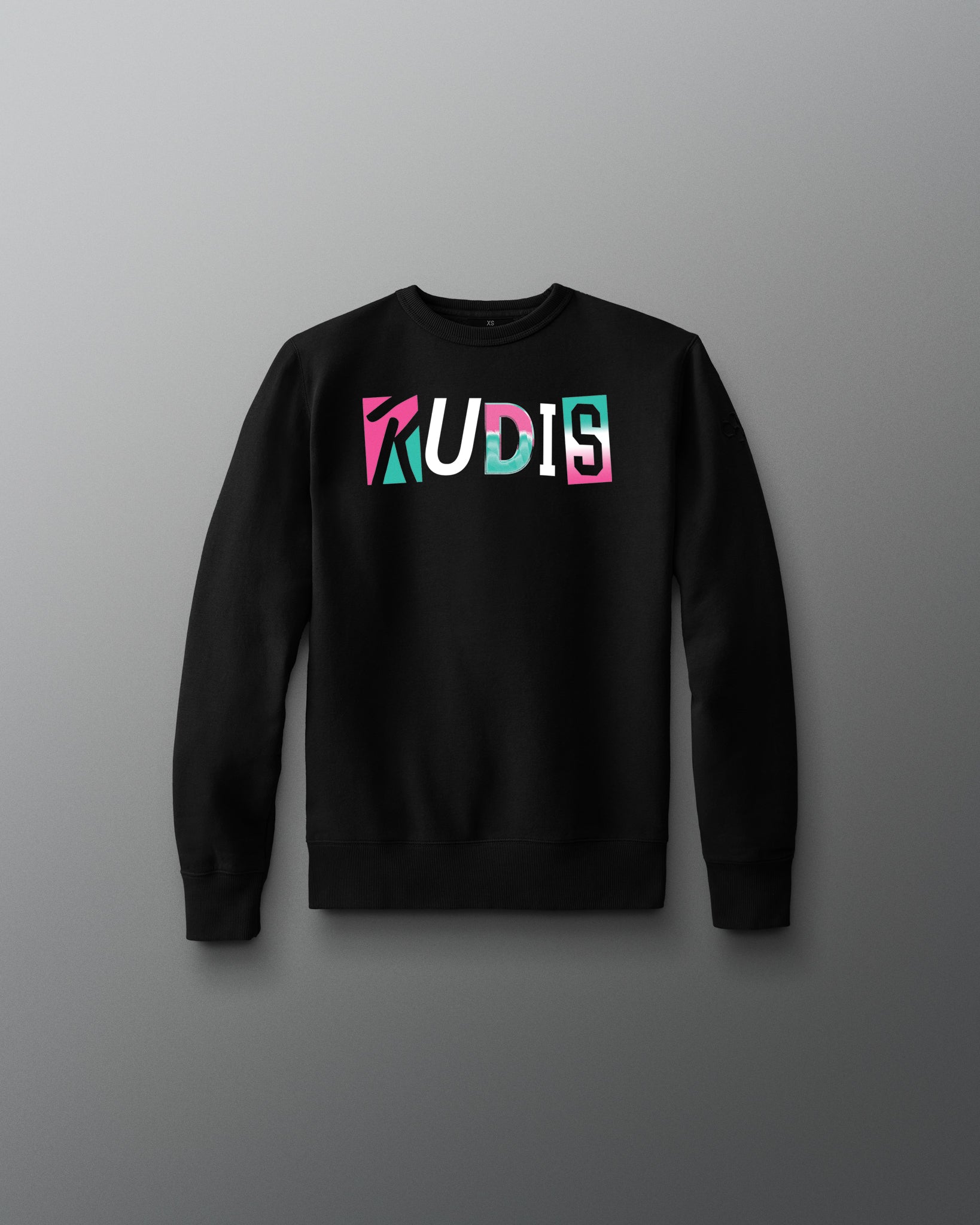 Black sweatshirt with colorful 'RUDIS' text on a gray background