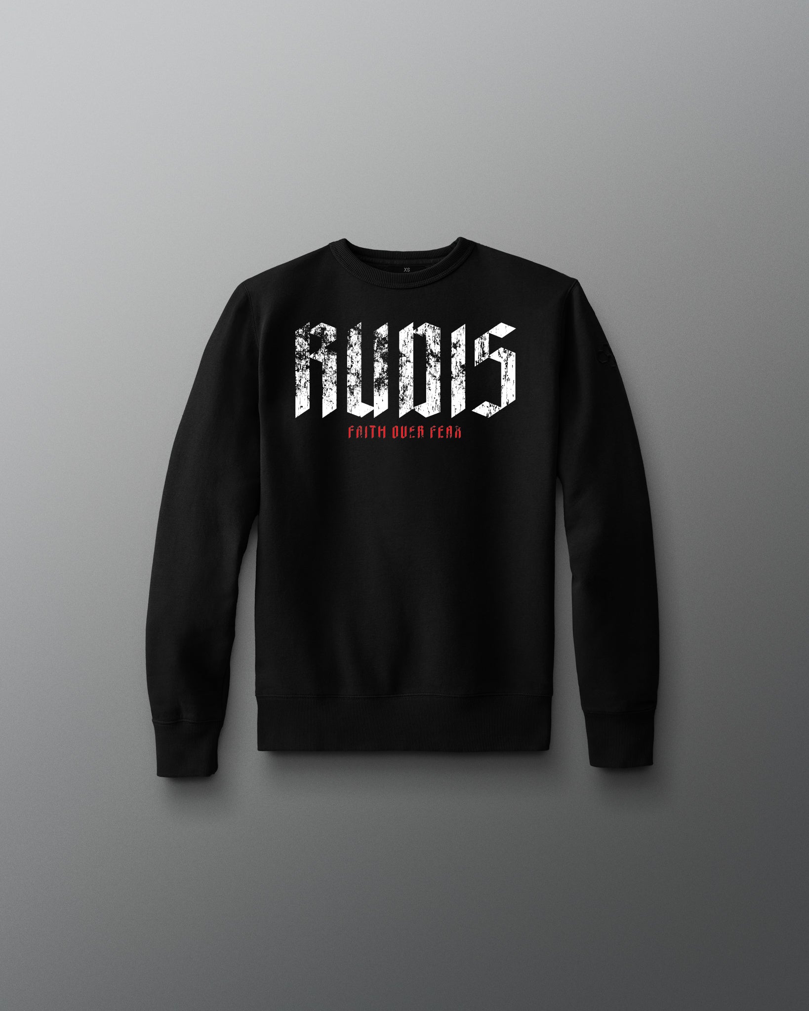 Black sweatshirt with 'RUDIS' text on a gray background