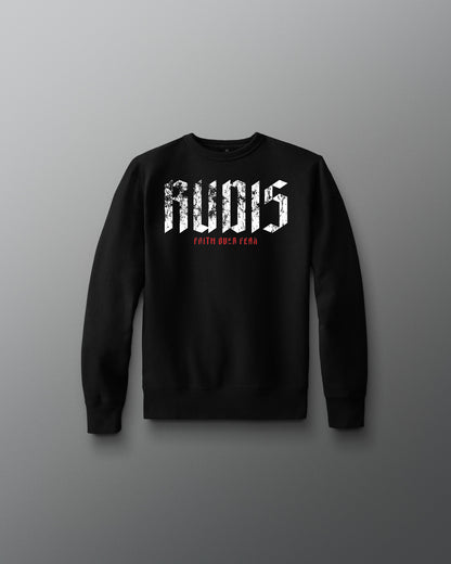 Black sweatshirt with 'RUDIS' text on a gray background