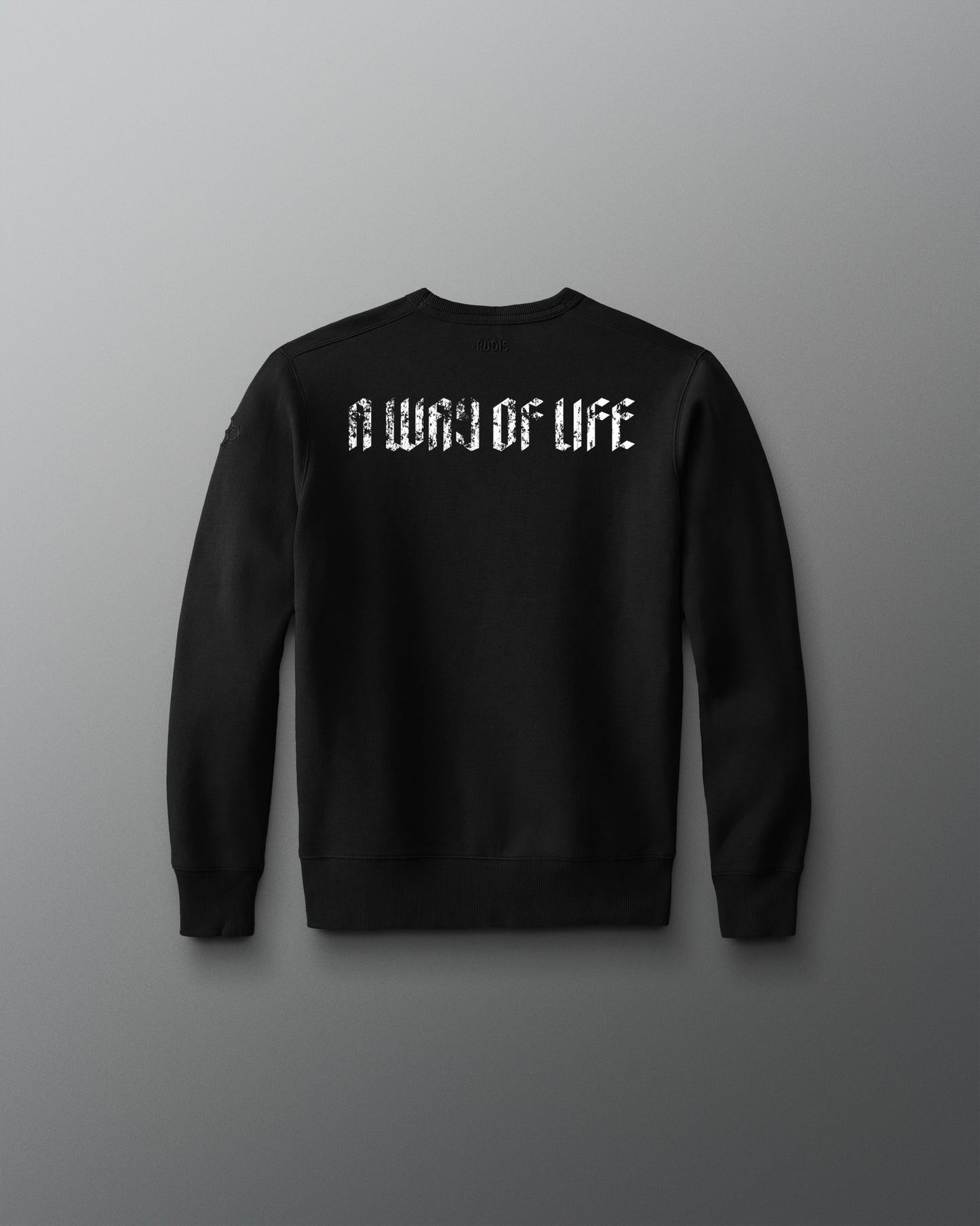 Black sweatshirt with 'A Way of Life' text on a gray background
