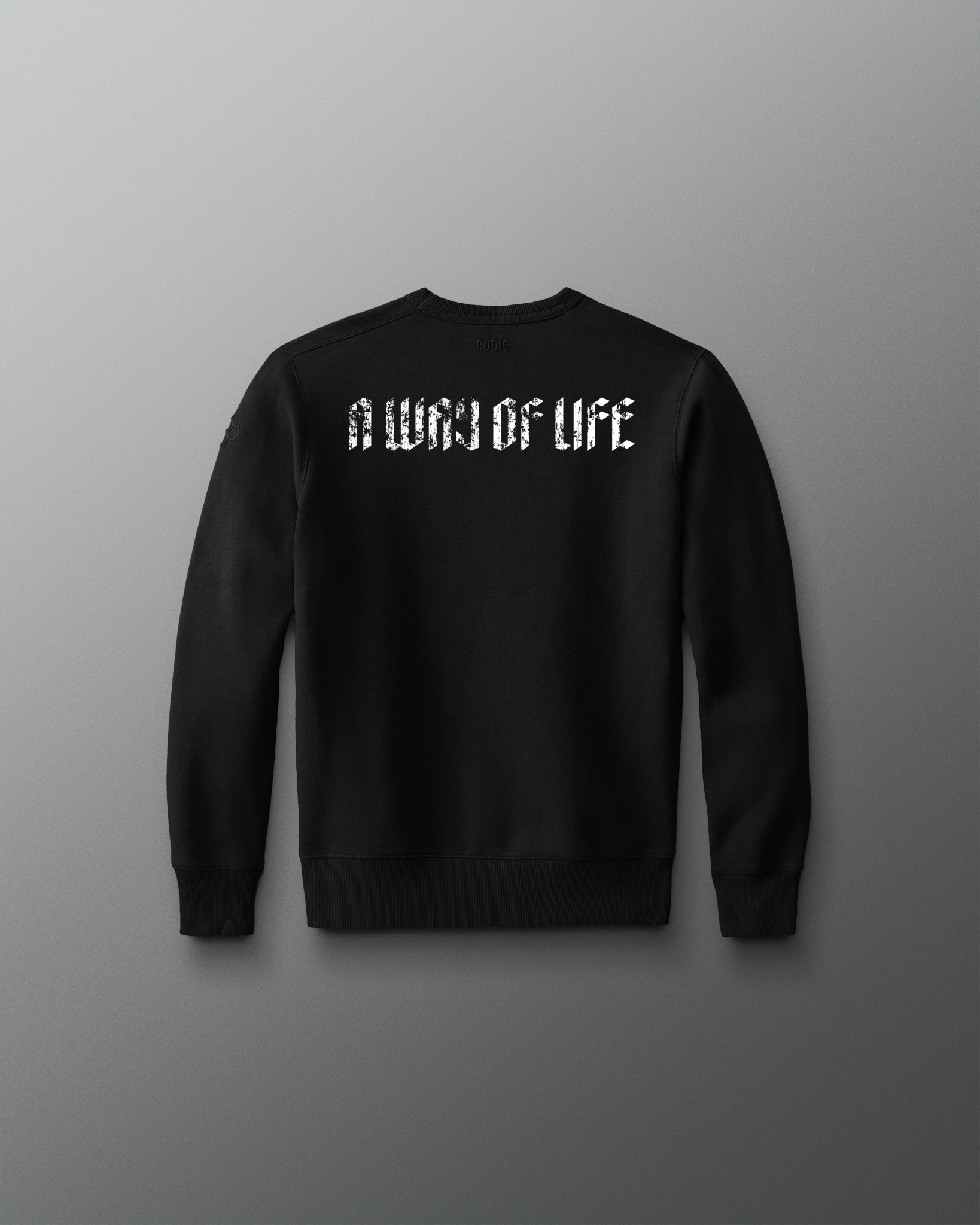 Black sweatshirt with 'A Way of Life' text on a gray background