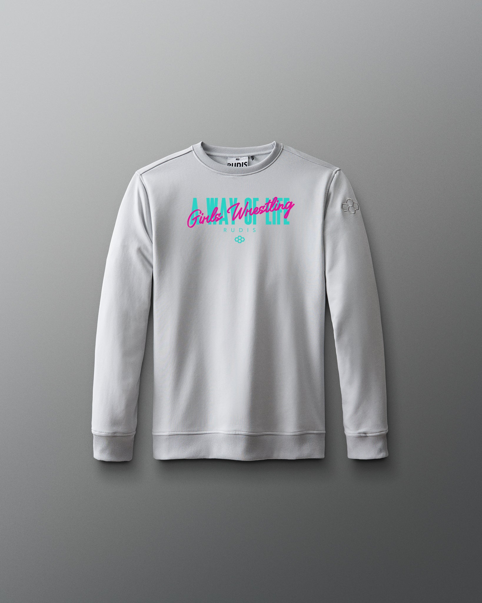 Gray sweatshirt with colorful text on a gray background