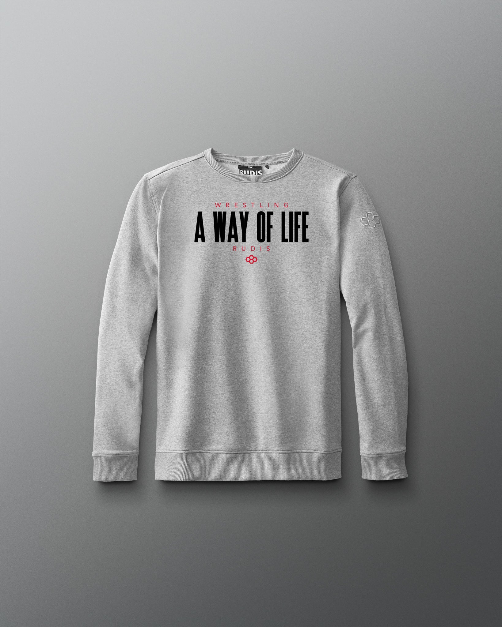 Gray sweatshirt with 'A Way of Life' text on a gray background