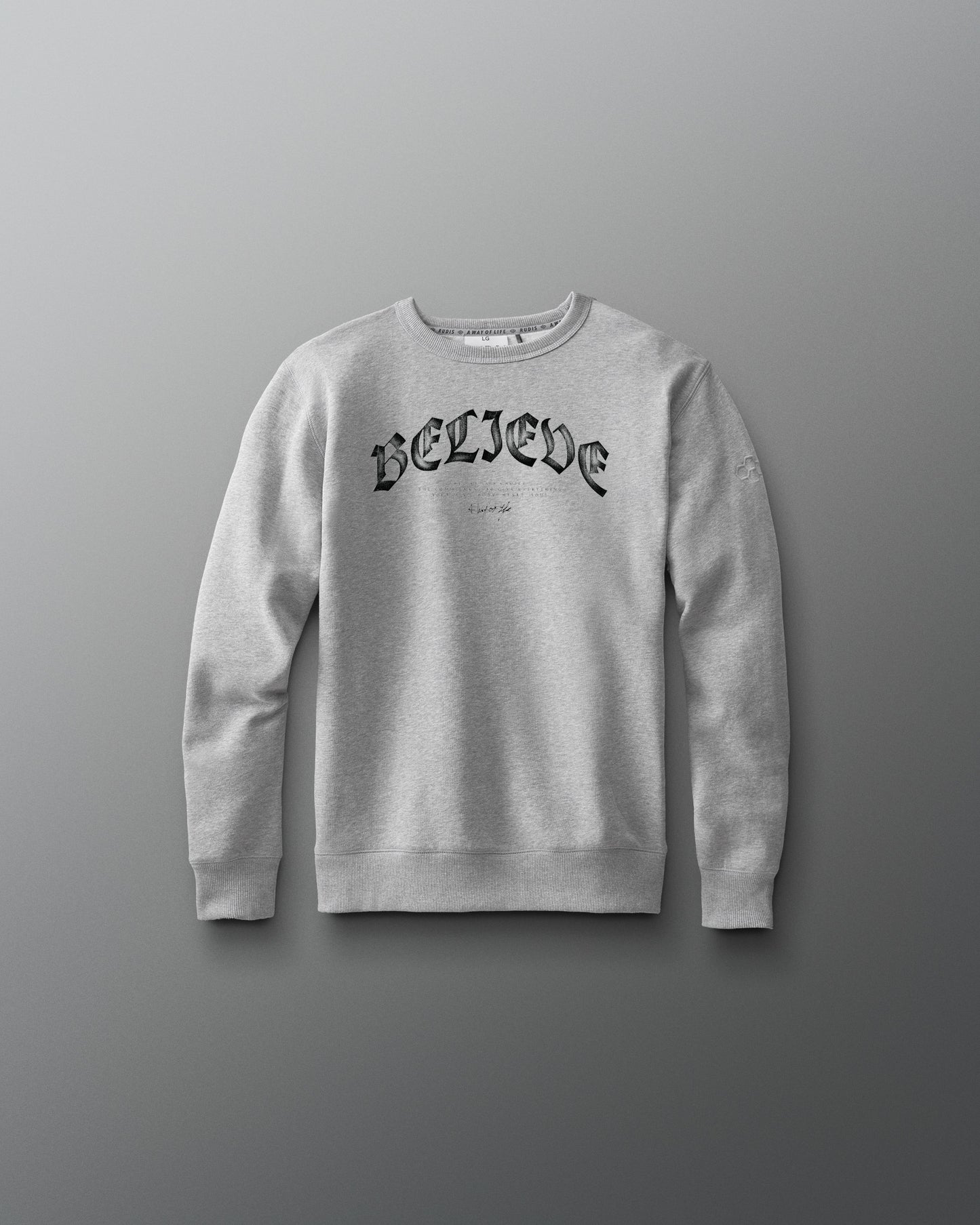 Gray sweatshirt with 'BELIEVE' text on a gray background
