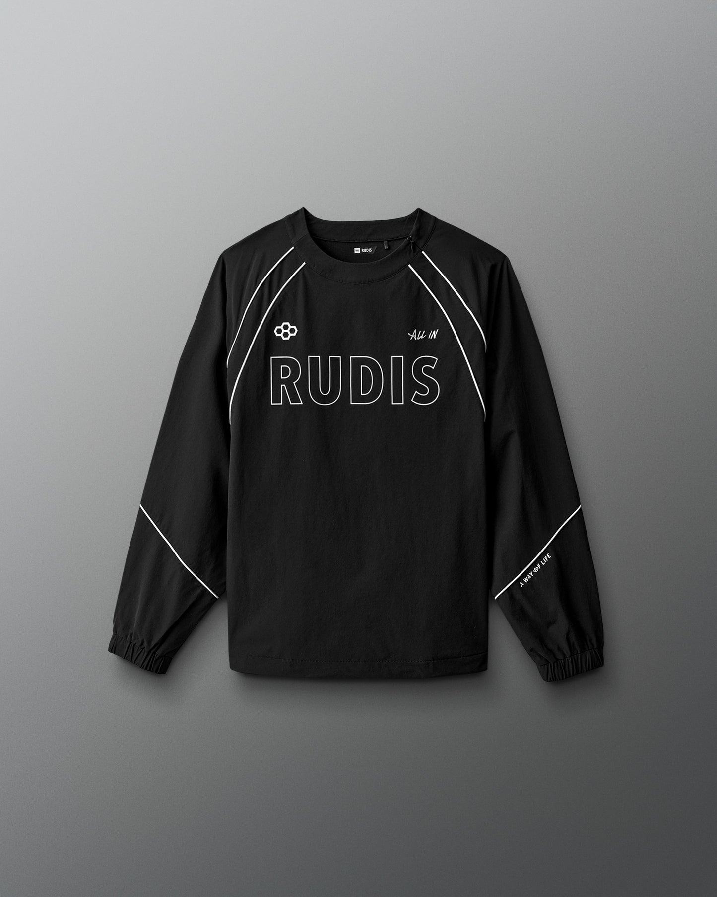 Black long-sleeve athletic shirt with 'RUDIS' branding on a gray background
