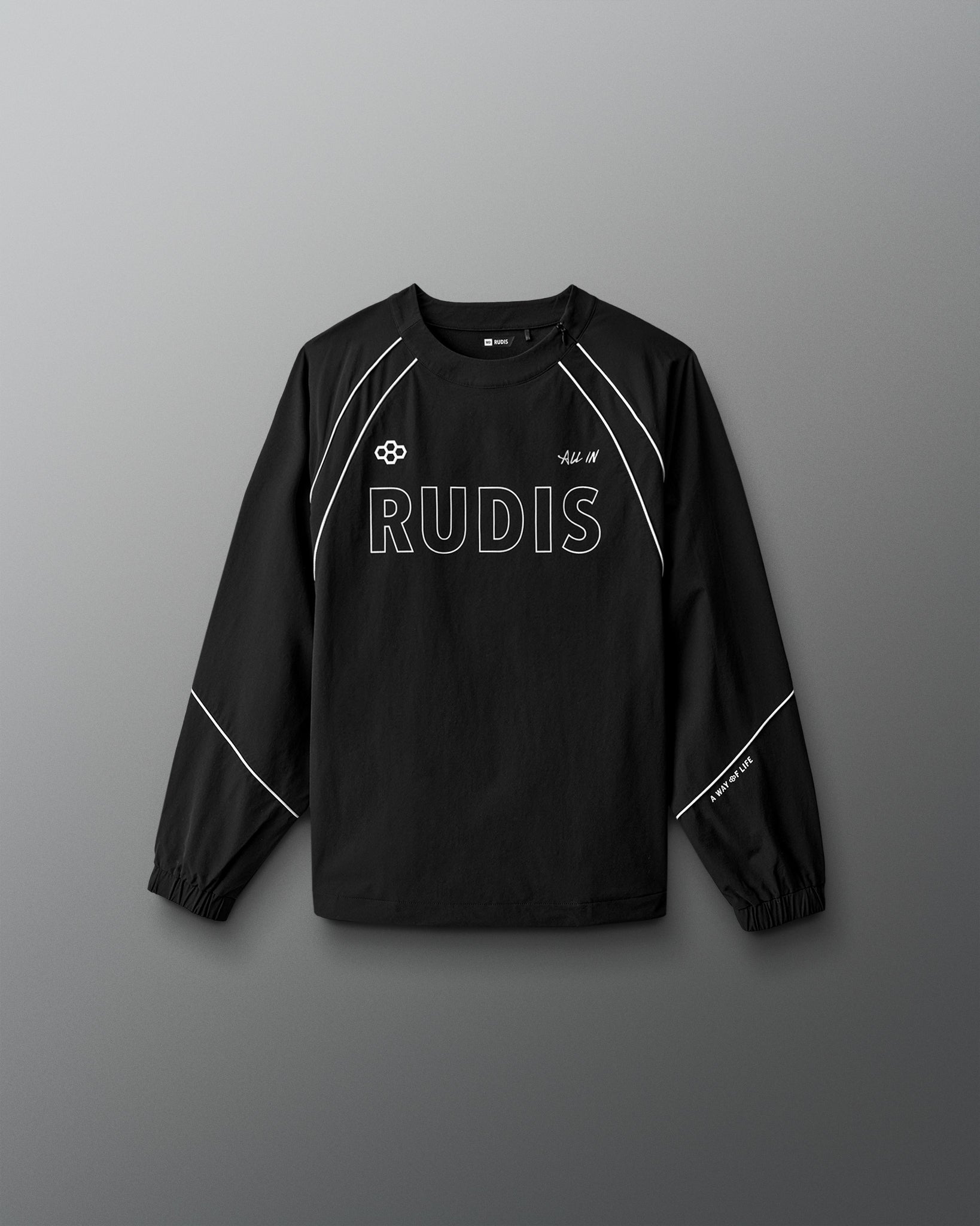 Black long-sleeve athletic shirt with 'RUDIS' branding on a gray background
