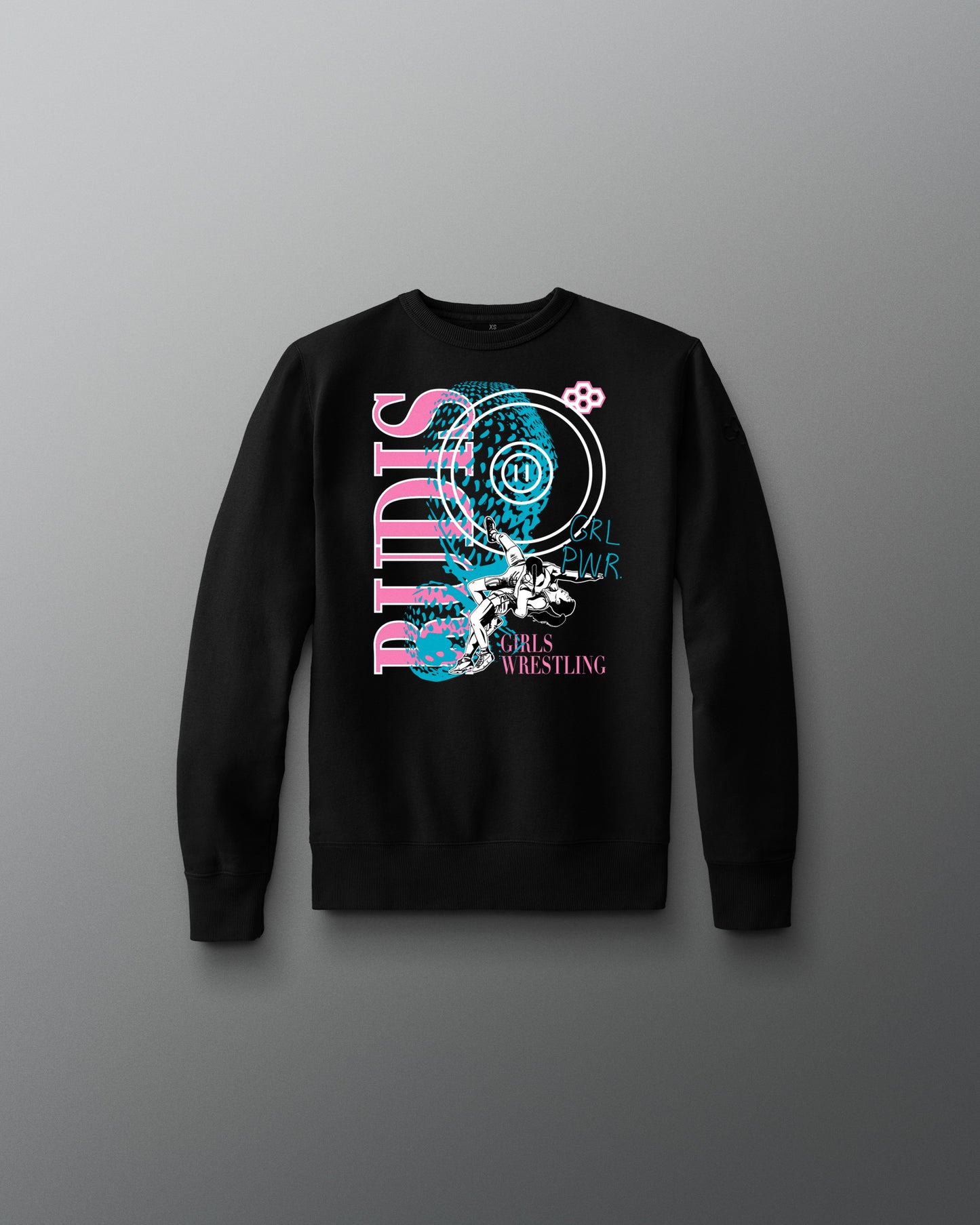 Black sweatshirt with a colorful graphic design on a gray background