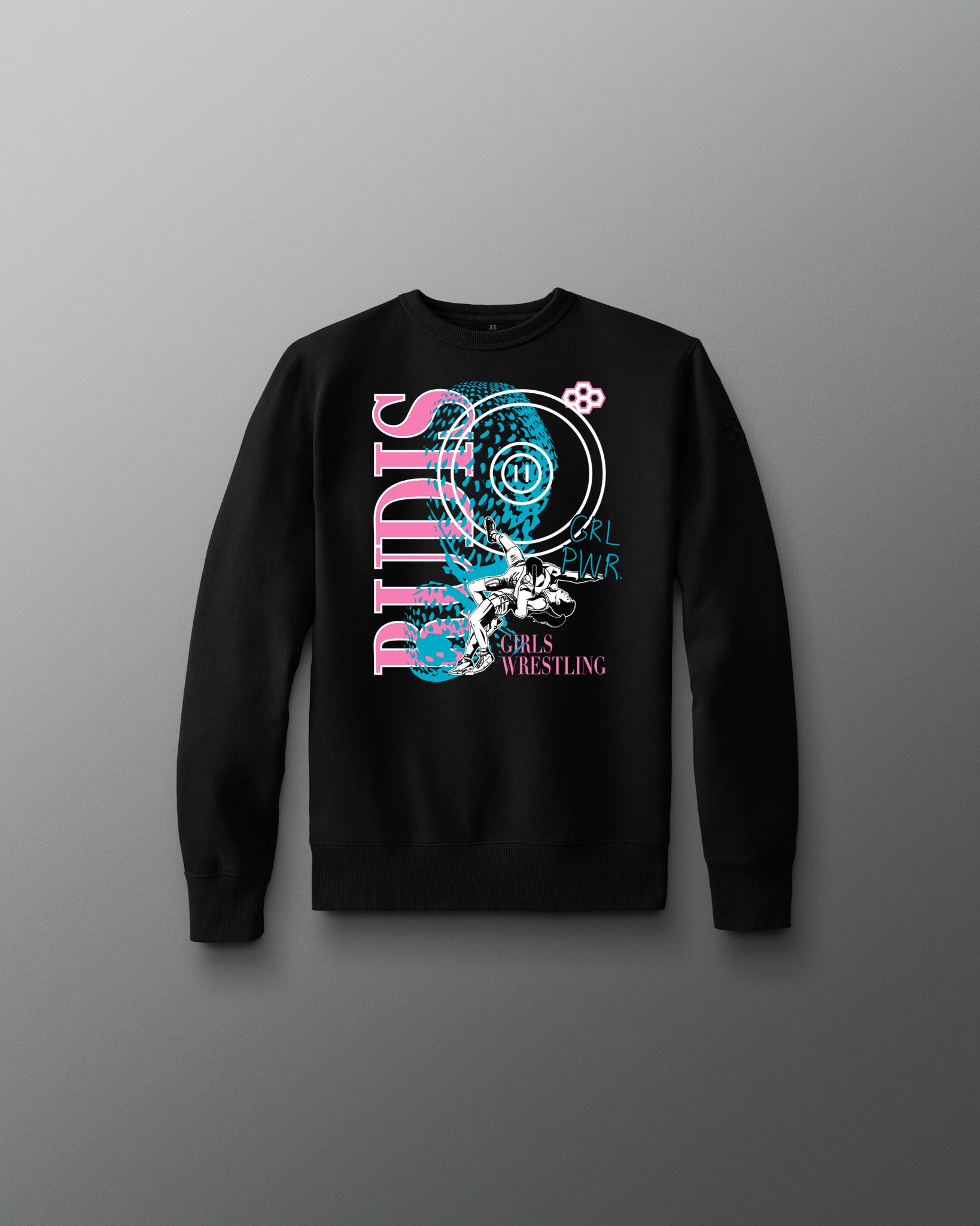 Black sweatshirt with a colorful graphic design on a gray background