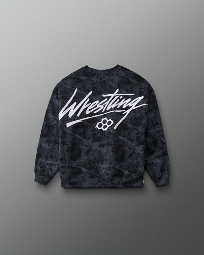RUDIS Wrestling Youth Relaxed Comfort Fleece Crewneck in Black Camo, back view featuring bold white Wrestling script graphic and RUDIS hex logo over camouflage print.