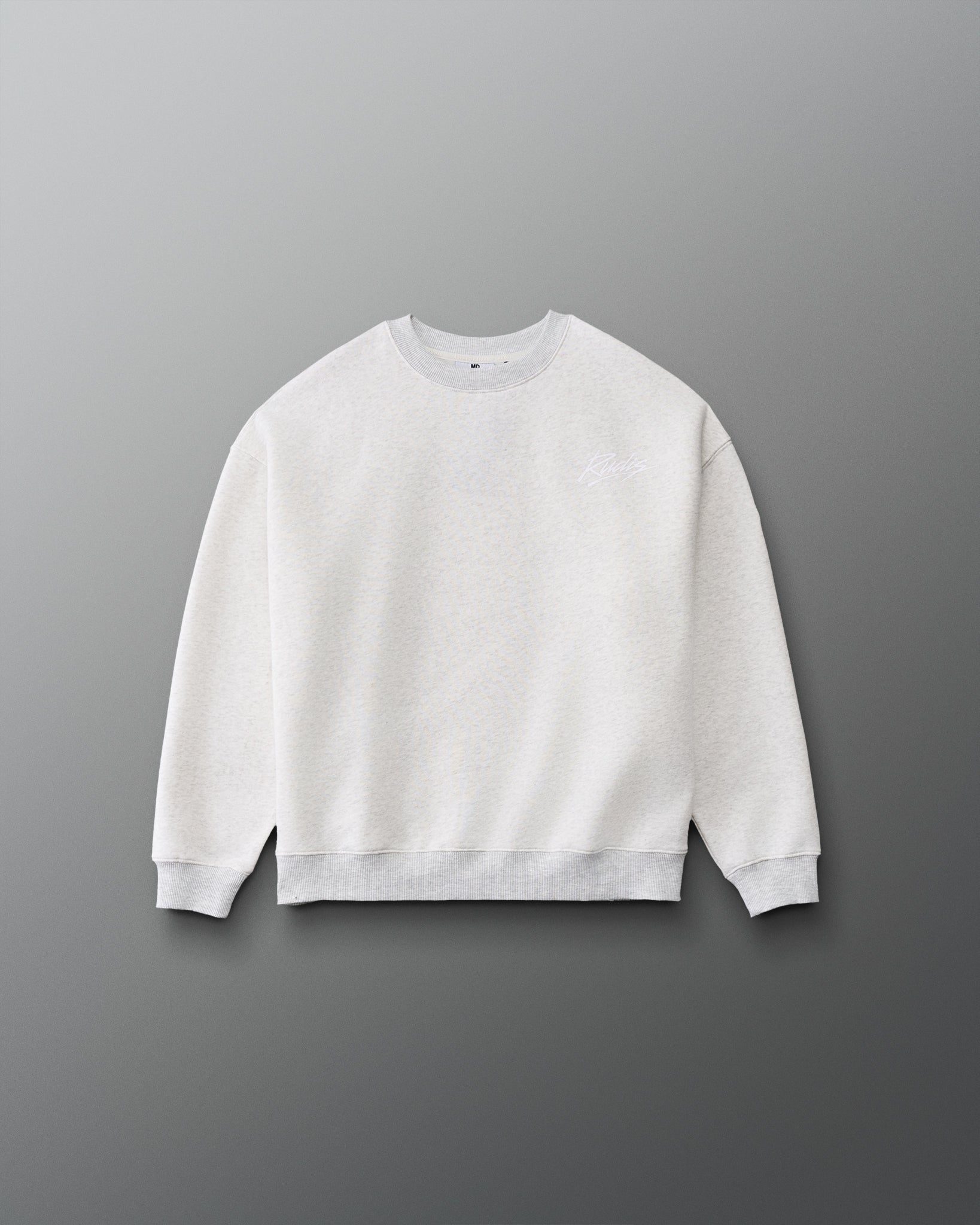 RUDIS Wrestling Youth Relaxed Comfort Fleece Crewneck in Heather Silver, front view with subtle white RUDIS script logo on the chest and ribbed cuffs and hem.