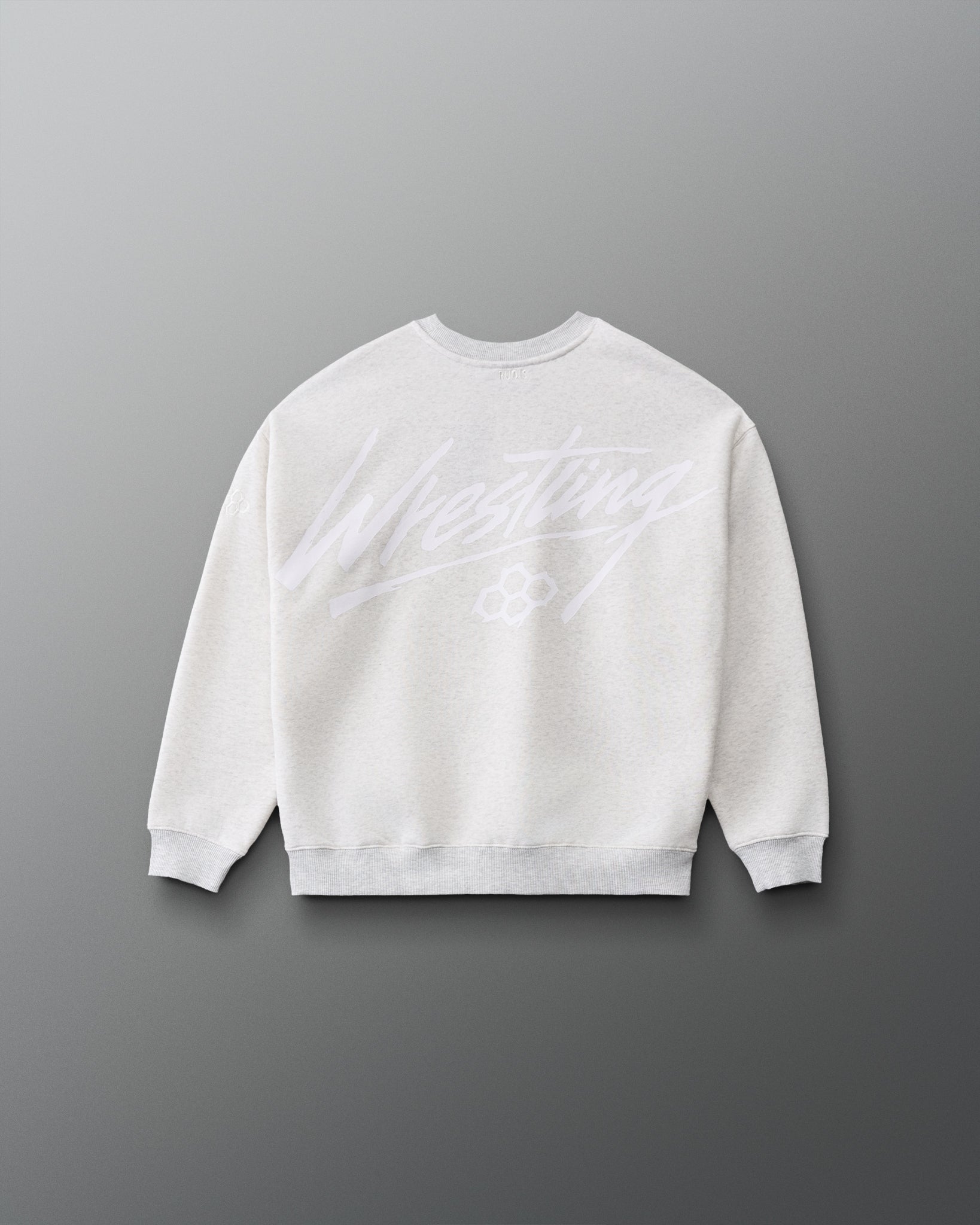 RUDIS Wrestling Youth Relaxed Comfort Fleece Crewneck in Heather Silver, back view featuring oversized white Wrestling script graphic and RUDIS hex logo.
