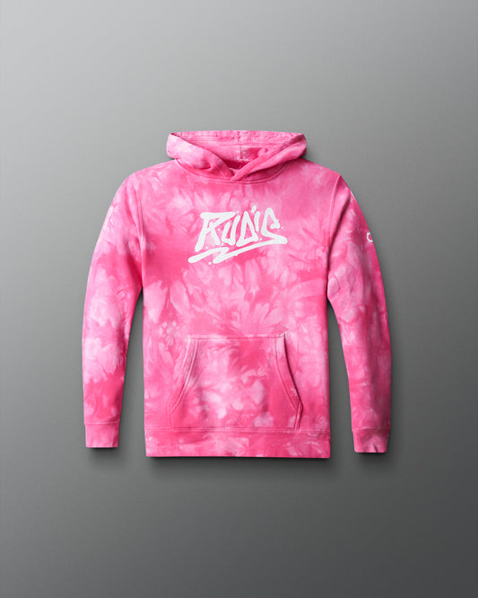 Pink tie die hoodie sweatshirt with white RUDIS word mark