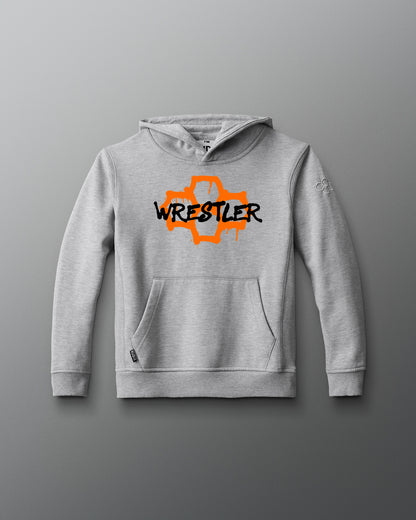 Navy blue youth hoodie with 'WRESTLER' text in white on the chest area.