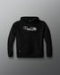 A black hooded sweatshirt with a front pouch and a white graphic logo on the front saying 'RUDIS'.