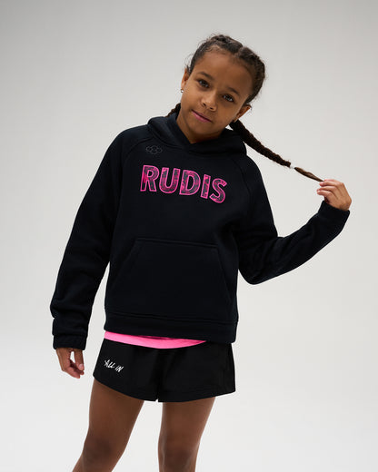 RUDIS Pink Power Youth Tech Fleece Hoodie in Black, featuring bold pink RUDIS chest graphics, a subtle RUDIS mark at the shoulder, and a front kangaroo pocket.