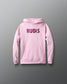 Pink hoodie with 'RUDIS' branding on a gray background