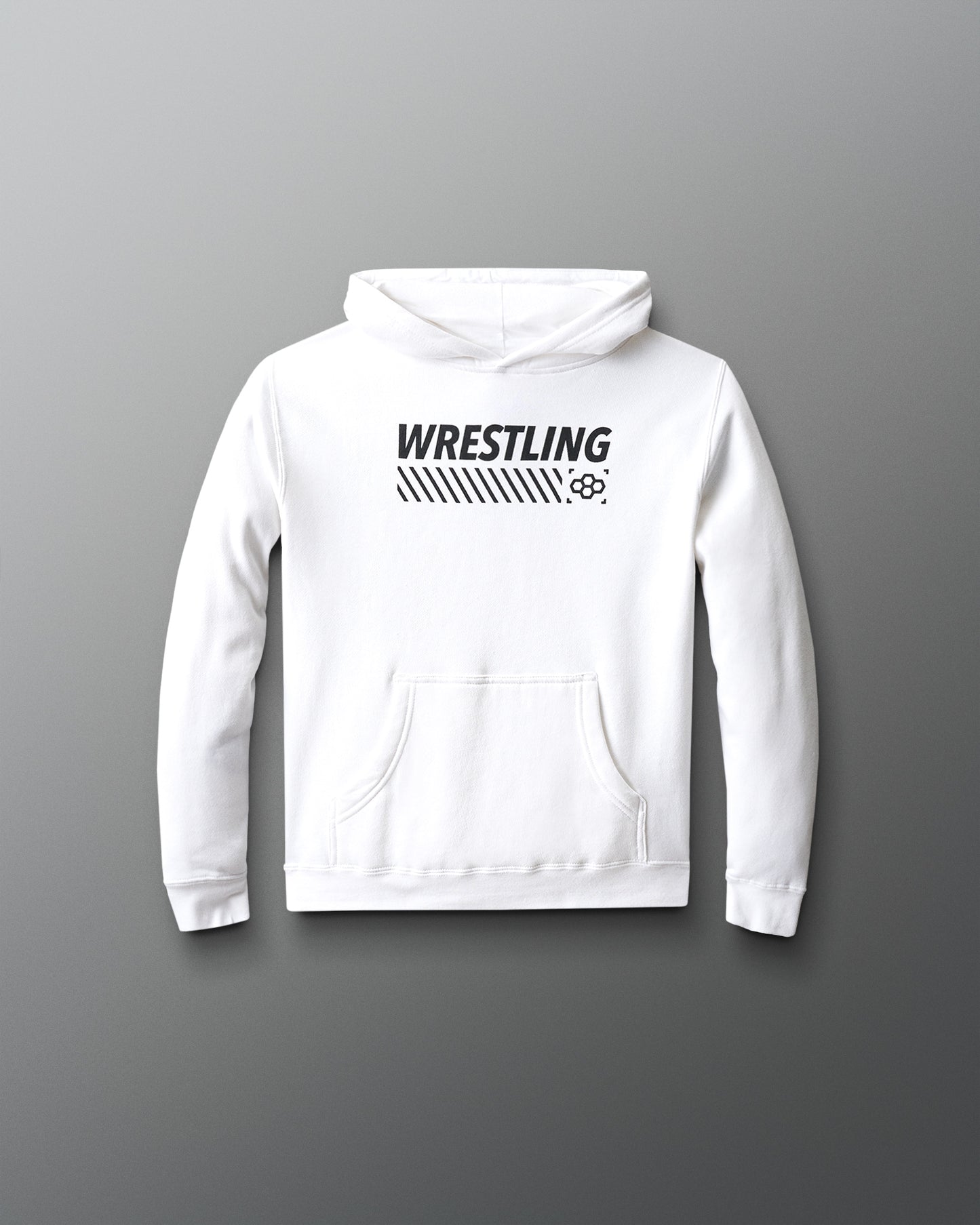 White hoodie with 'Wrestling' text on a gray background