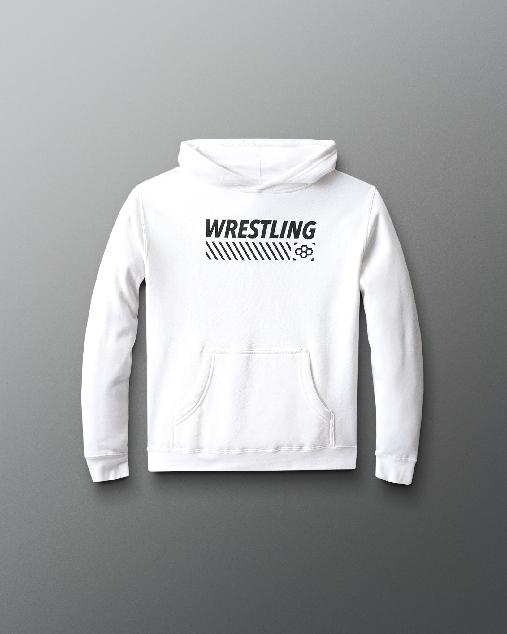 White hoodie with 'Wrestling' text on a gray background