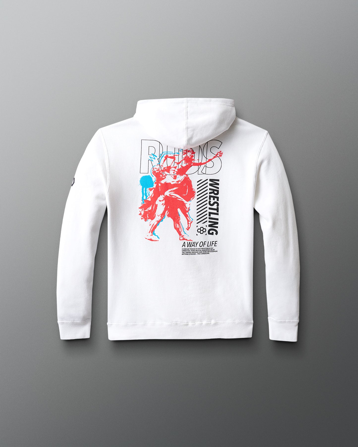 White hoodie with graphic design on the back against a gray background