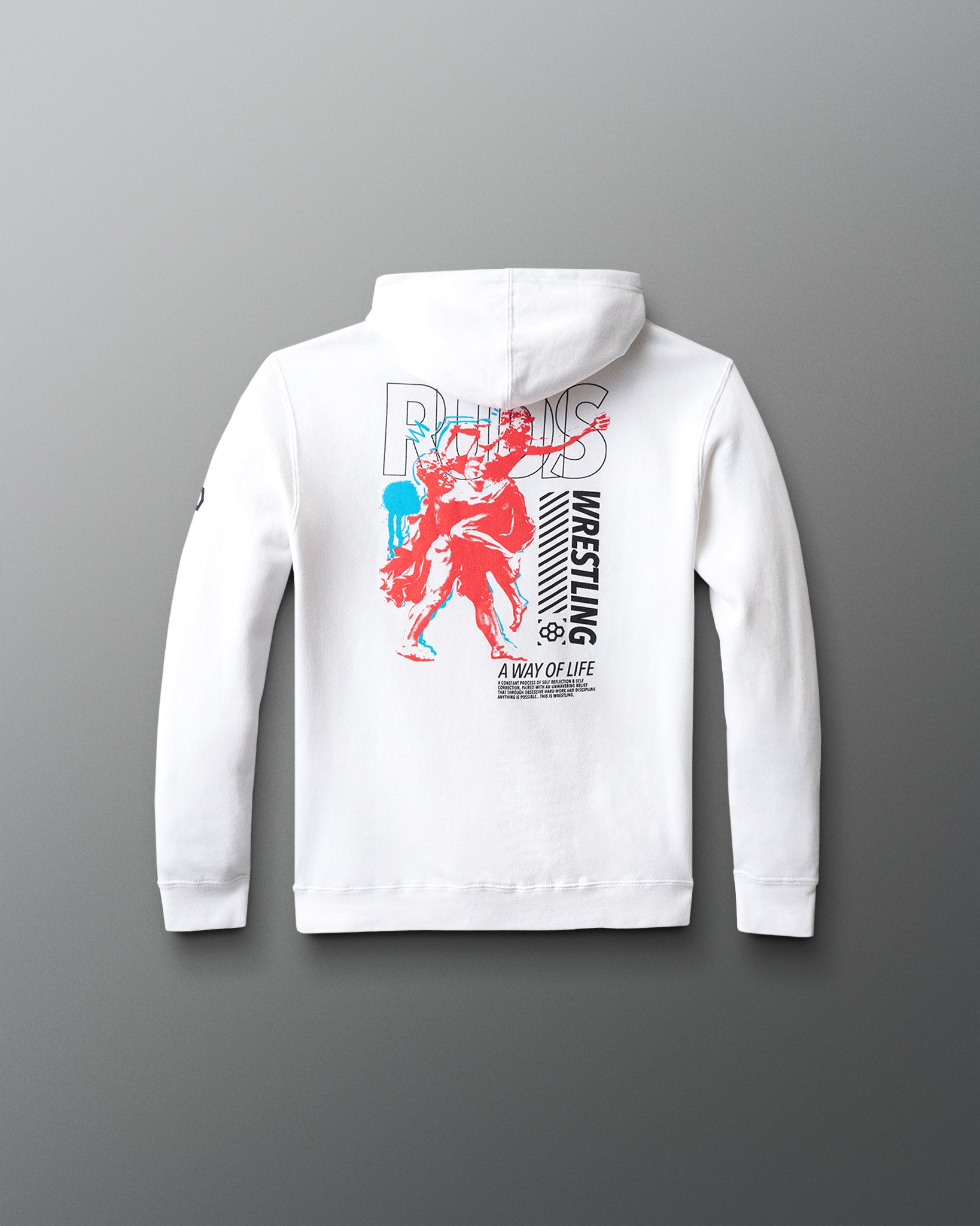 White hoodie with graphic design on the back against a gray background