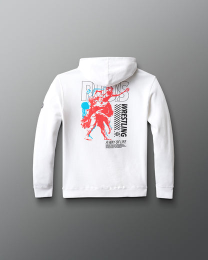 White hoodie with graphic design on the back against a gray background