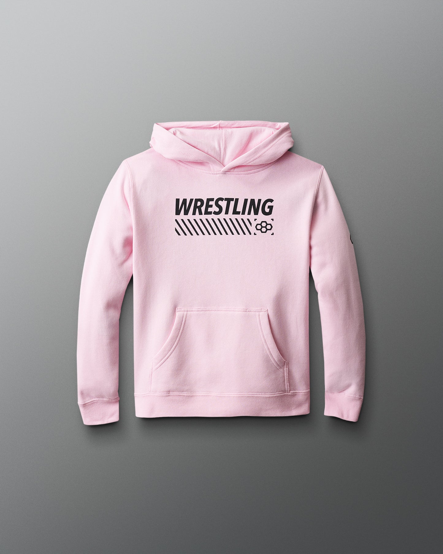 Pink hoodie with 'Wrestling' text on the back against a gray background