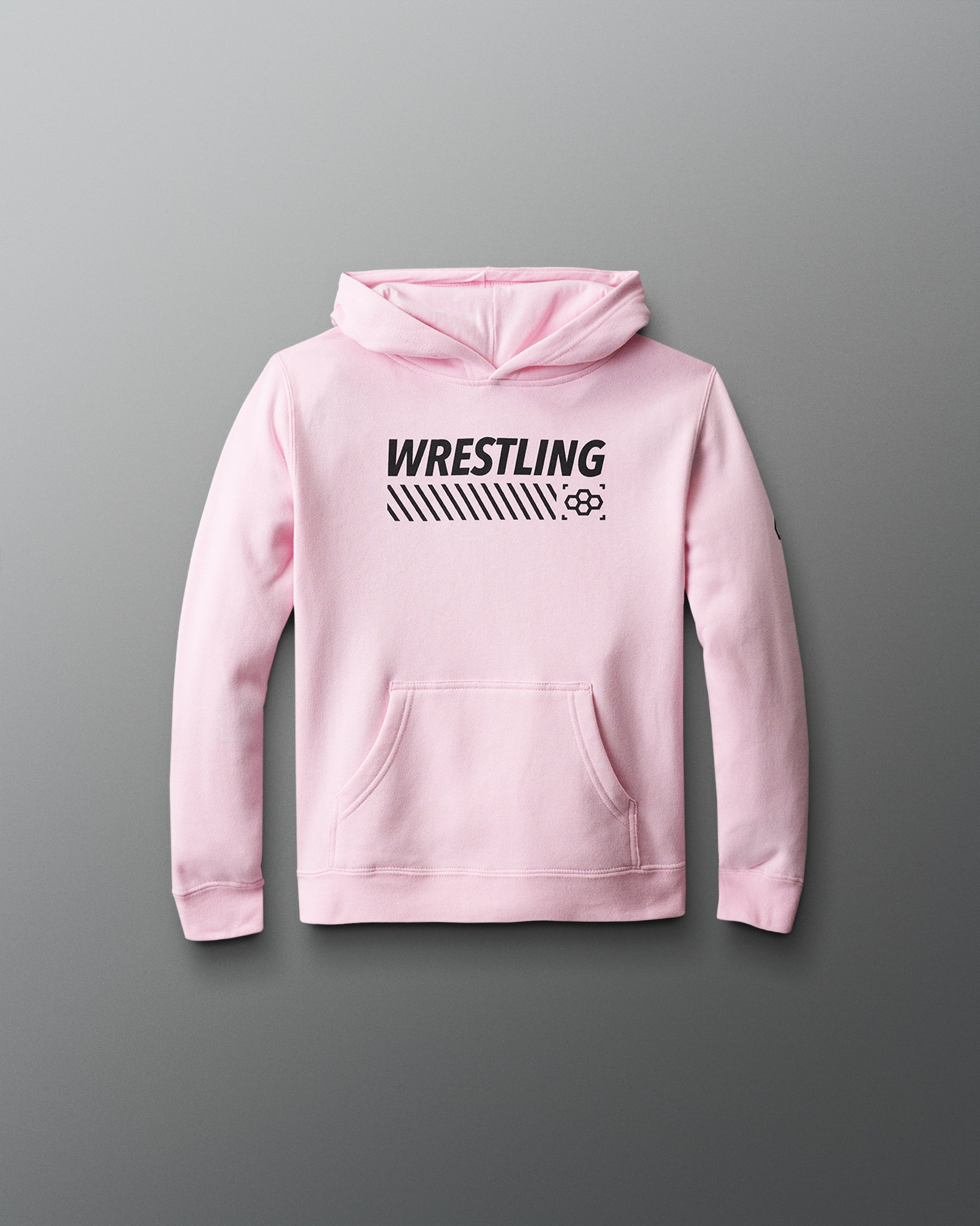 Pink hoodie with 'Wrestling' text on the back against a gray background