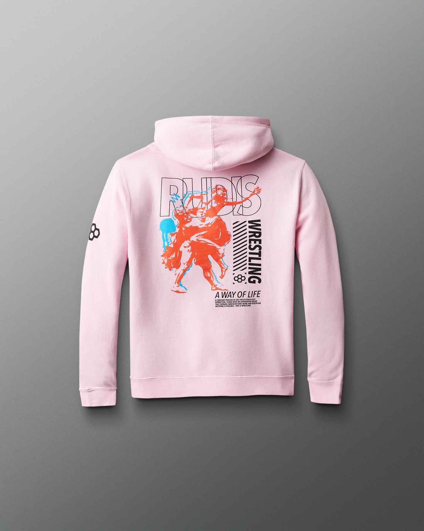Pink hoodie with graphic design on the back against a gray background with wrestling words in black