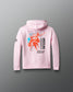Pink hoodie with graphic design on the back against a gray background with wrestling words in black