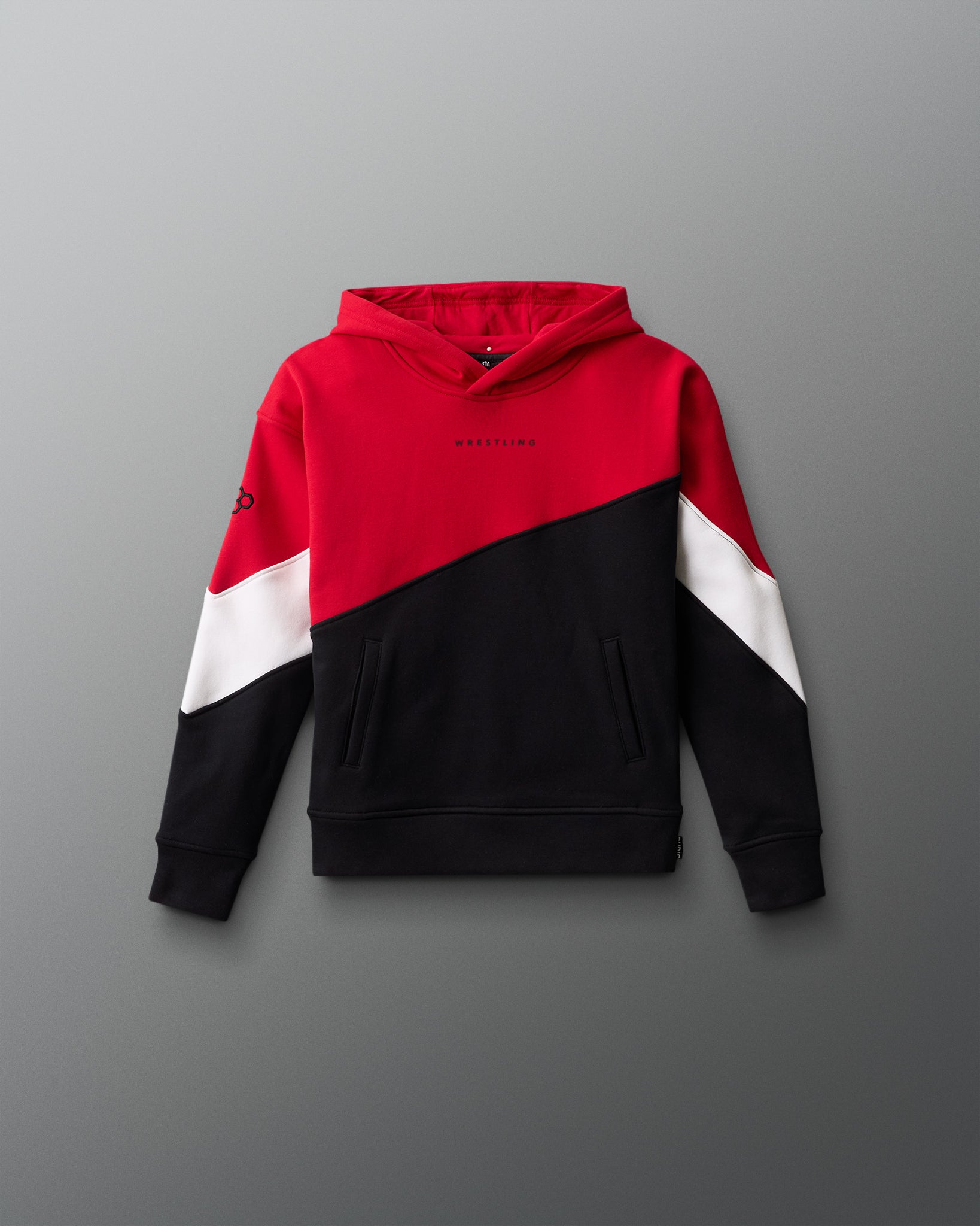 Red, black, and white hoodie on a gray background
