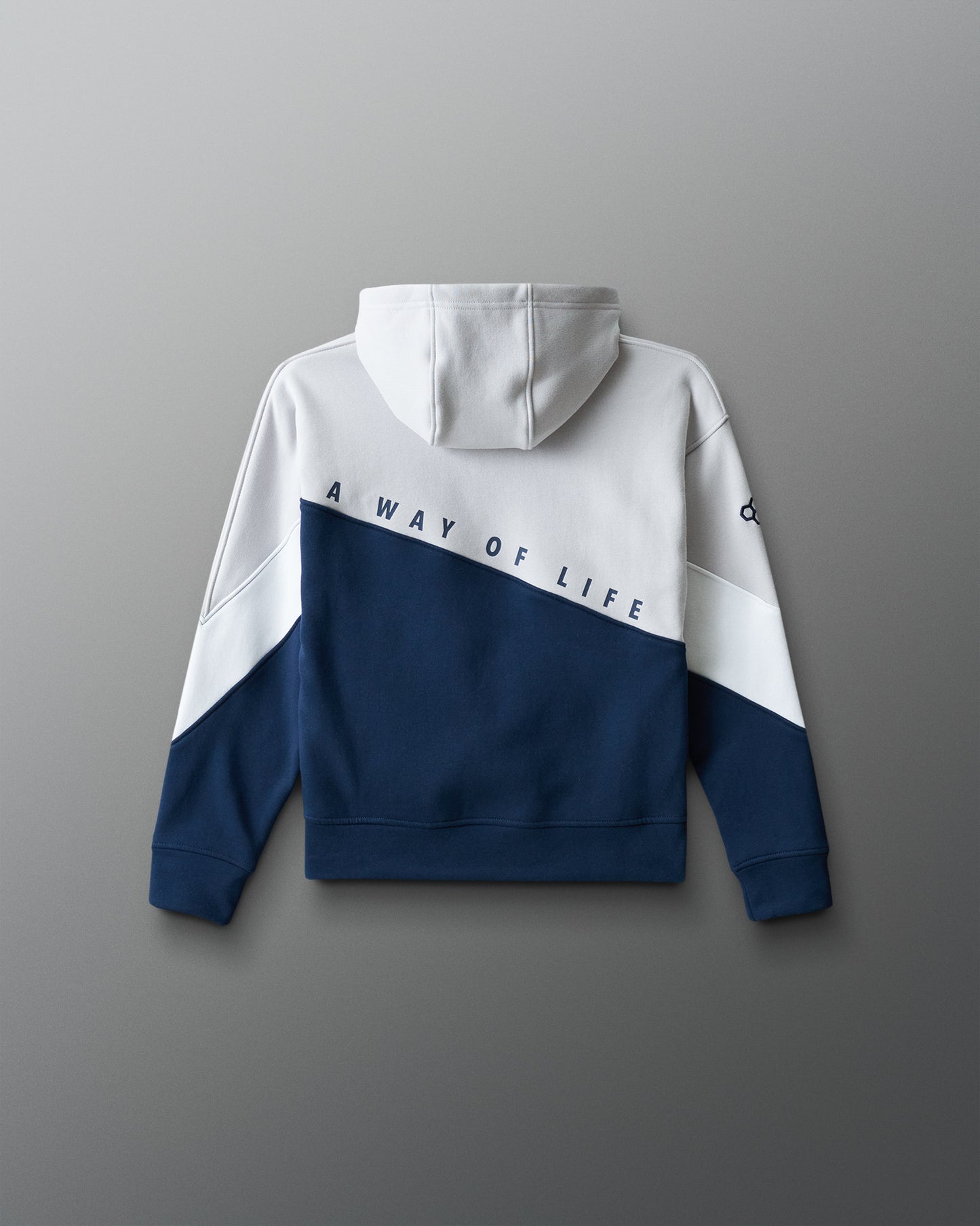 Blue and white hoodie with text on a gray background