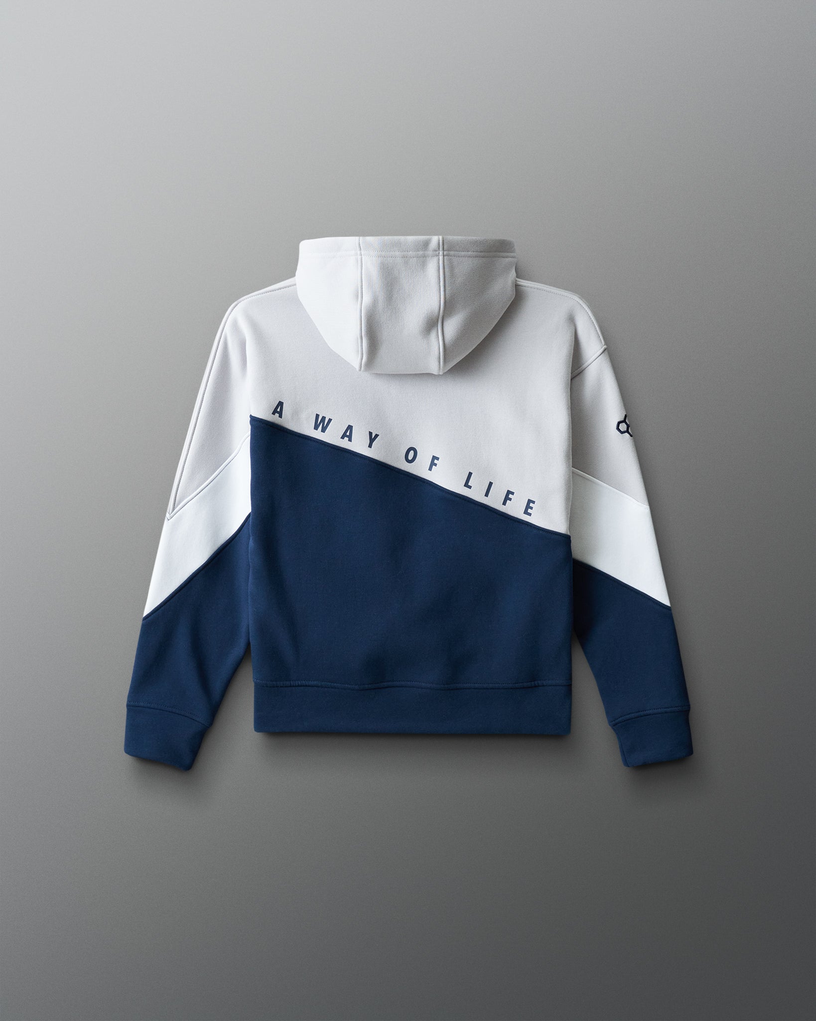 Blue and white hoodie with text on a gray background