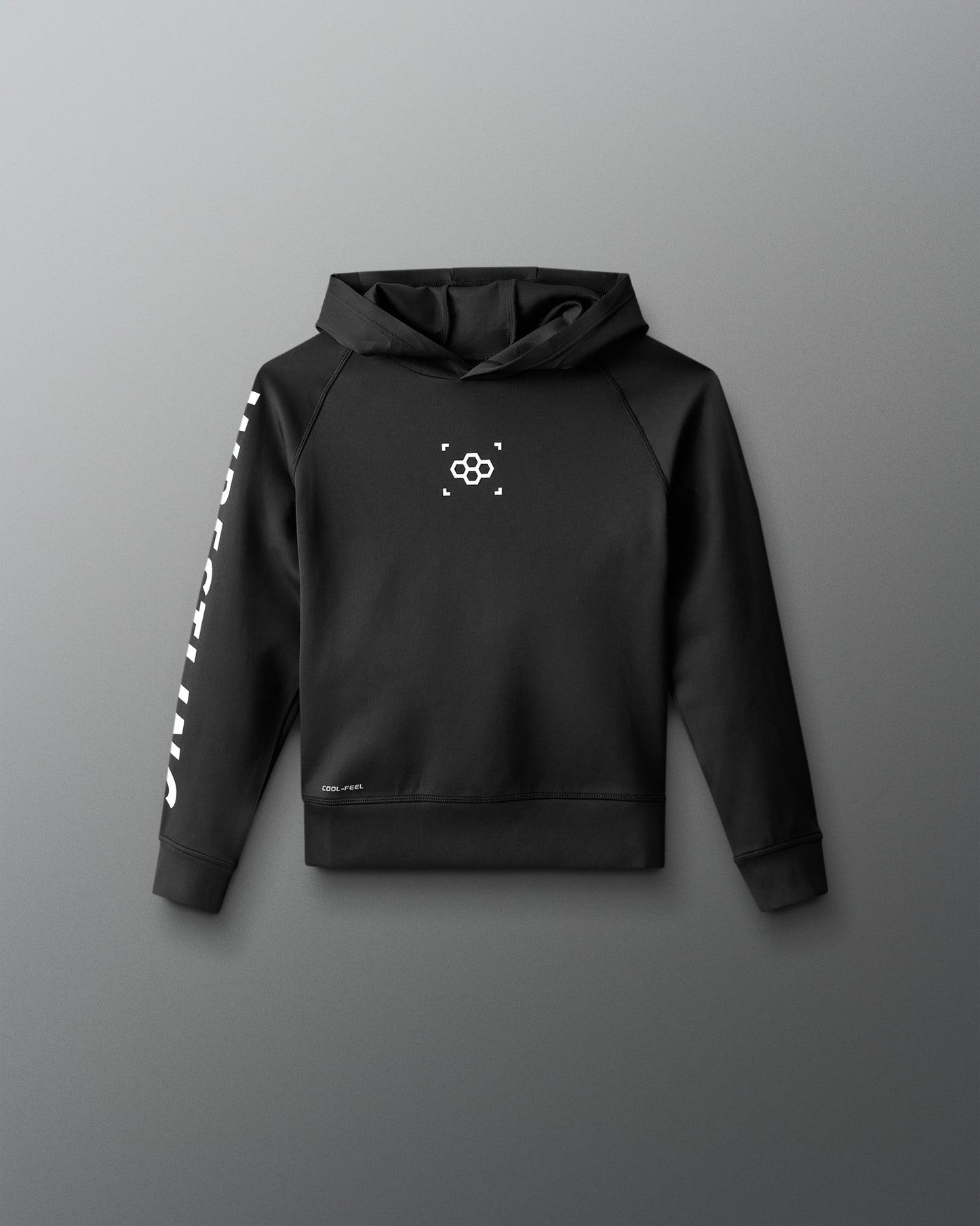 Black hoodie with a logo on a gray background