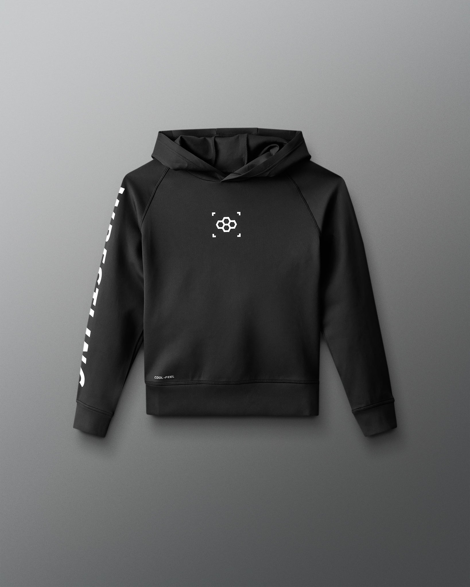 Black hoodie with a logo on a gray background