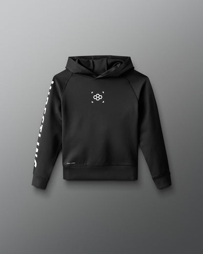 Black hoodie with a logo on a gray background