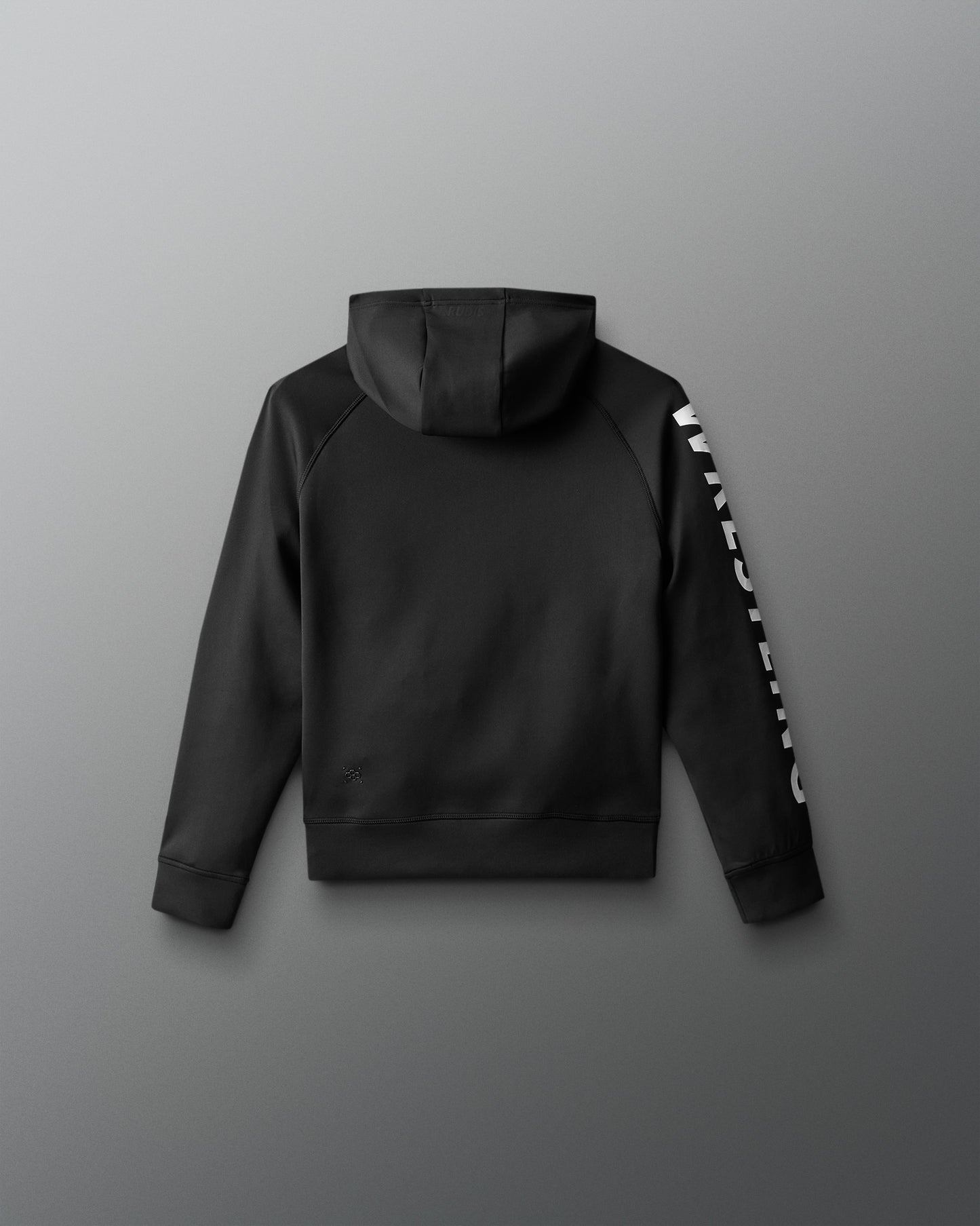 Black hoodie with white logo on sleeve against a gray background