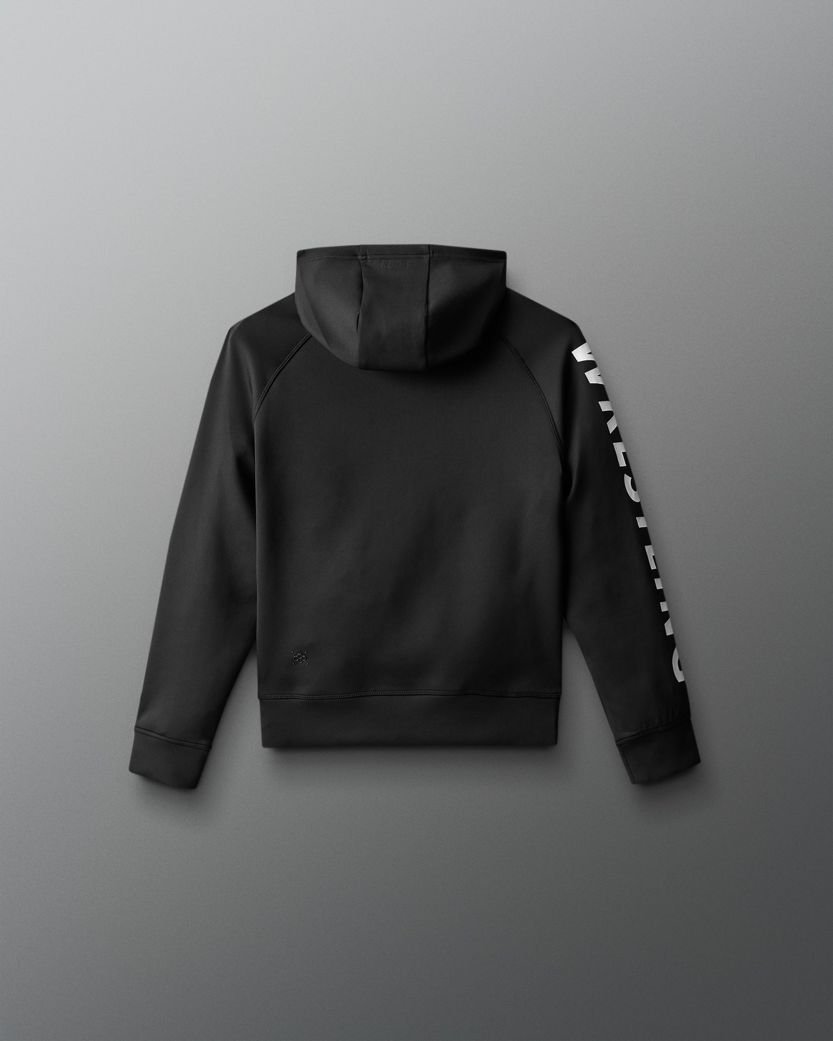 Black hoodie with white logo on sleeve against a gray background