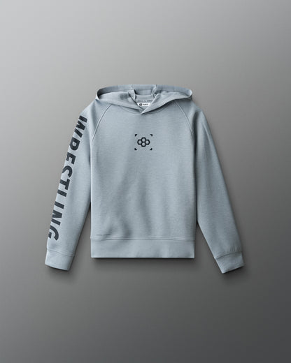 Light blue hoodie with branding on a gray background