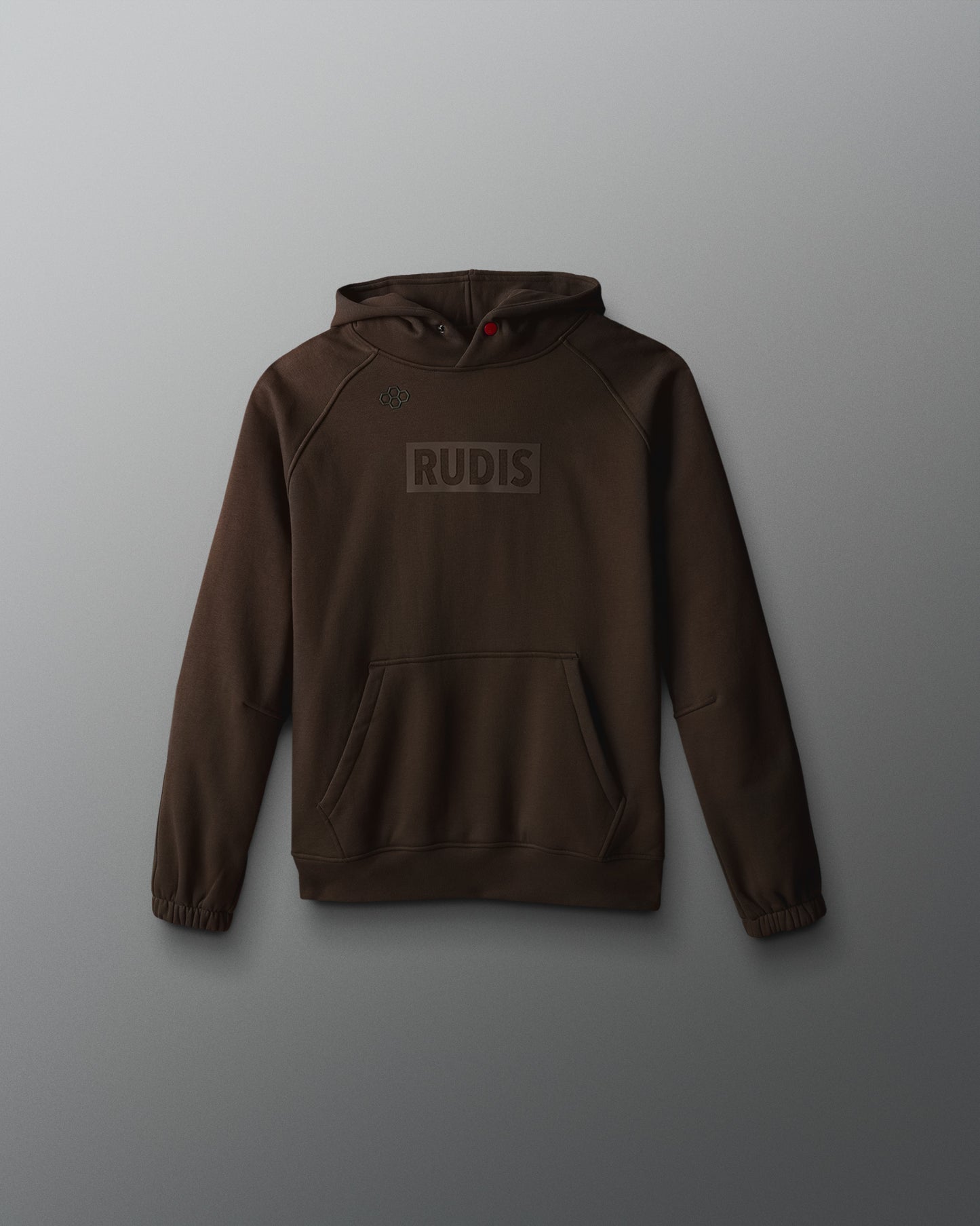 Brown hoodie with 'RUDIS' logo on a gray background
