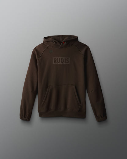 Brown hoodie with 'RUDIS' logo on a gray background