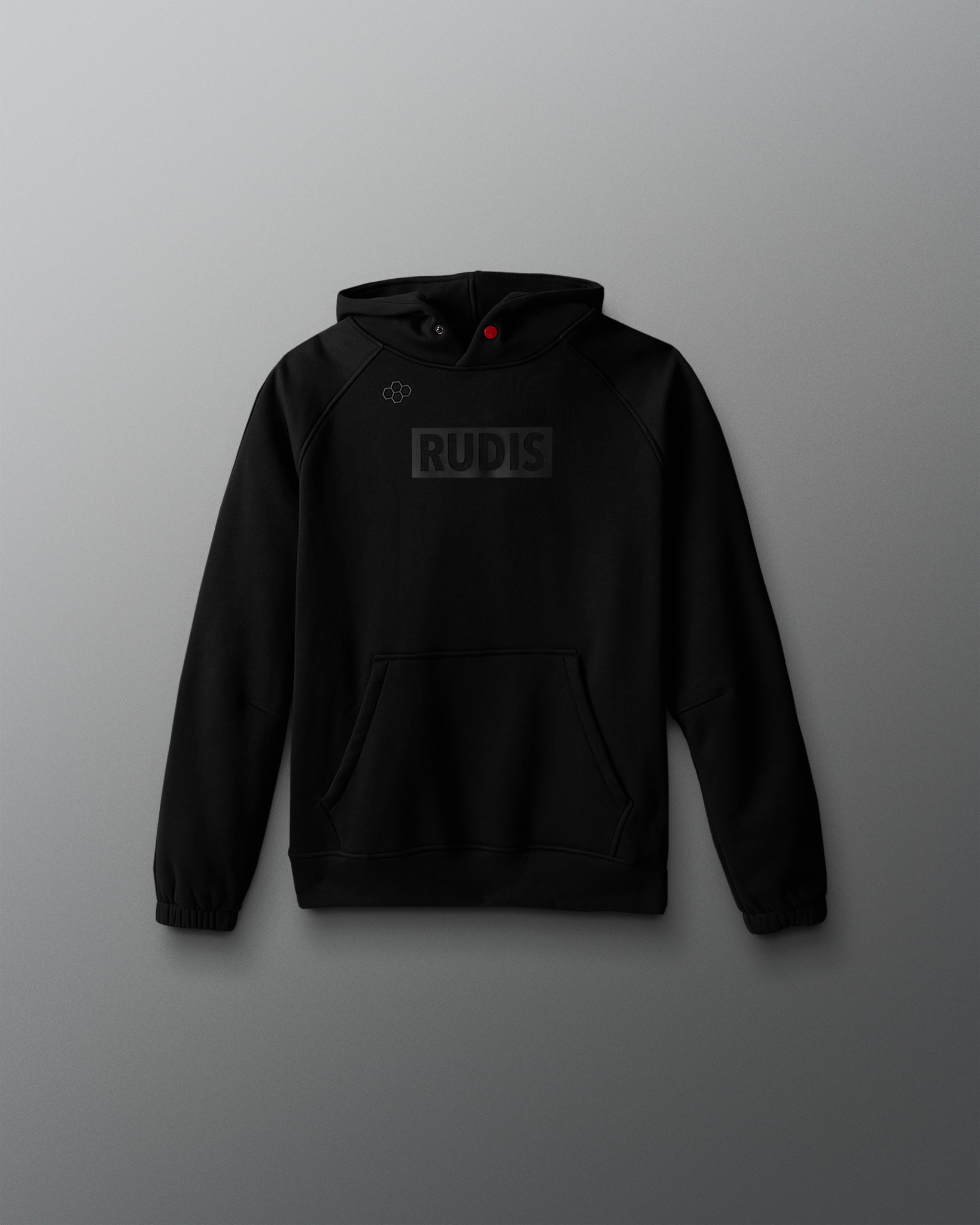 Black hoodie with 'RUDIS' logo on a gray background