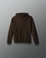 Brown hoodie with a logo on a gray background