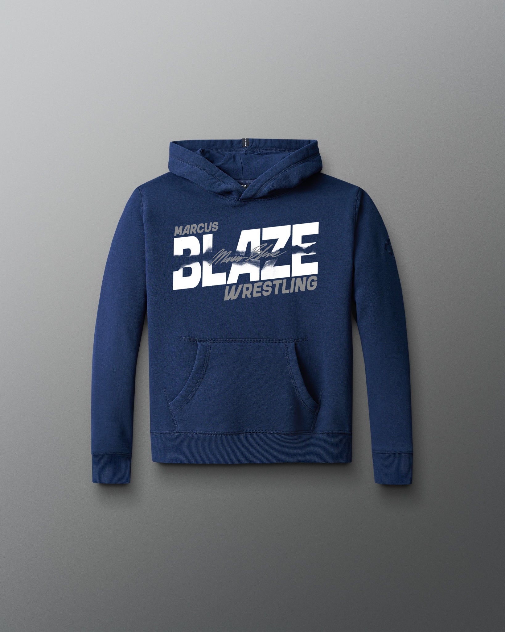 Blue hoodie with 'Blaze Wrestling' text on a gray background