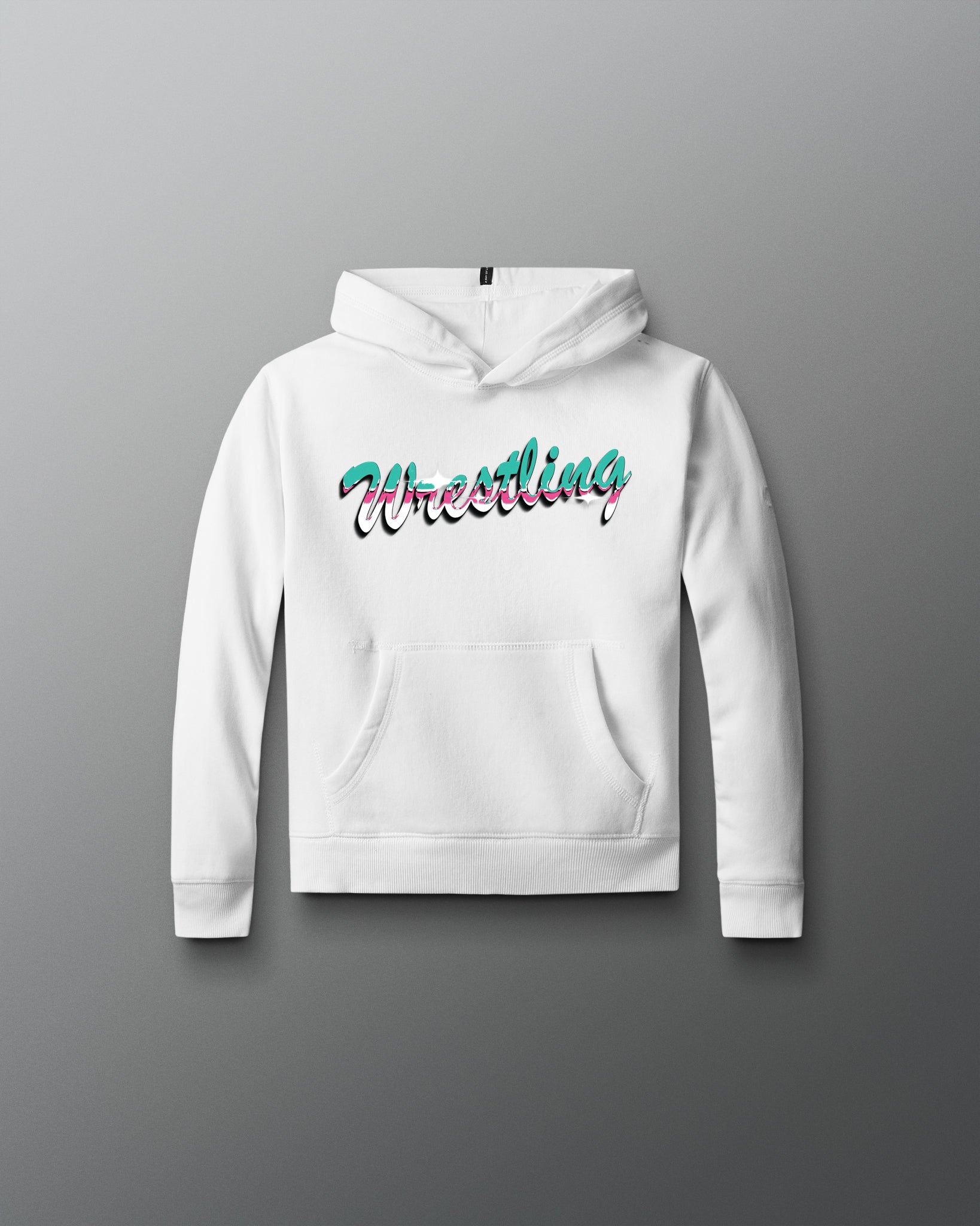White hoodie with 'Wrestling' text on a gray background